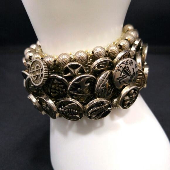 Women's Button Covered Wide Stretch Bracelet, 5 1/2 Inches Plus Stretch - Picture 2 of 8